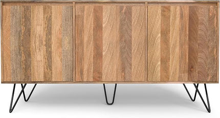 SIMPLIHOME Hunter SOLID MANGO WOOD and Iron 60 inch x 18 inch Rectangle Contemporary 3 Door Sideboard Buffet in Natural for The Dining Room and Kitchen - LeafyLoom