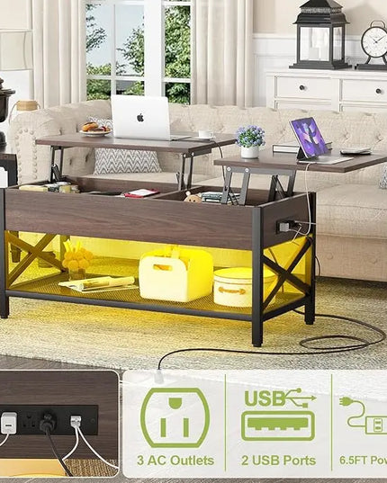 Aheaplus Coffee Table, Lift Top Coffee Table with LED light and Power Outlet, Modern Lift-Top Table with Storage Shelf, Center Table for Living Room with Lift Tabletop, X Support Metal Frame, Espresso - LeafyLoom