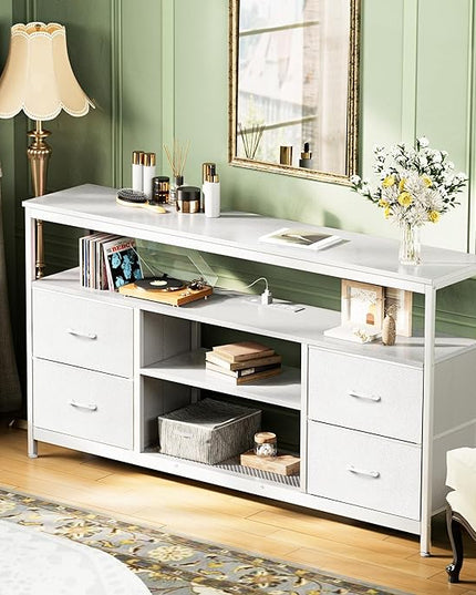 TV Stand Dresser with Power Outlets and LED Lights, 4 Drawers Entertainment Center with Shelves, 54 Inch Media Console for 55 60 Inch TV, 4 AC Outlets, 2 USBs, Dresser with PU Finish, White - LeafyLoom