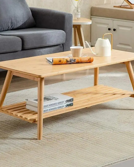 Nnewvante Coffee Table Foldable Bamboo Mid Century Desk TV Stand with Open Storage Shelf Center Table for Living Room Furniture RV No Assembly - LeafyLoom