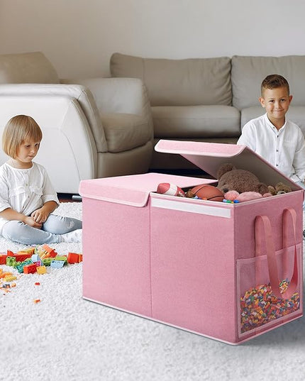 Large Toy Box for Boys Girls Toy Chest Kids Toy Storage Organizer Collapsible Toy Storage Bin Basket with Two Mesh Pockets for Nursery Playroom Bedroom Living Room Organization - LeafyLoom