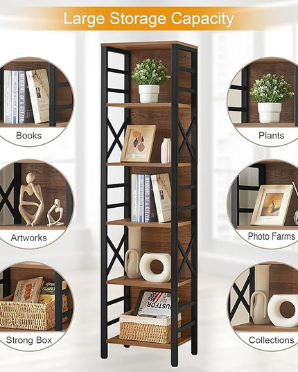 Bookcase, Narrow Bookcase with Cube Storage Shelf, Industrial 6 Tier Slim Bookshelf,Skinny Bookseca for Corner Small Space, Living Room, Bedroom and Home Office, Brown - LeafyLoom