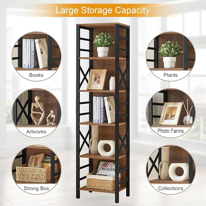 Bookcase, Narrow Bookcase with Cube Storage Shelf, Industrial 6 Tier Slim Bookshelf,Skinny Bookseca for Corner Small Space, Living Room, Bedroom and Home Office, Brown - LeafyLoom