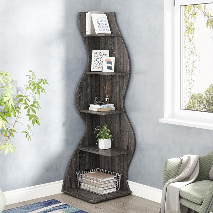 Small Corner Shelf, Modern 5-Tier Wall Corner Bookshelf, Stylish Bookcase Storage Rack for Small Space,Living Room. Bedroom - LeafyLoom