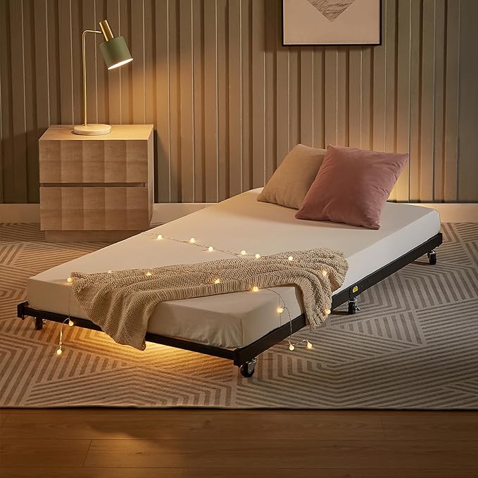 VECELO Twin Trundle Bed Frame Only/Roll Out/Enhanced & Up-Graded Metal Slats Support, Black - LeafyLoom