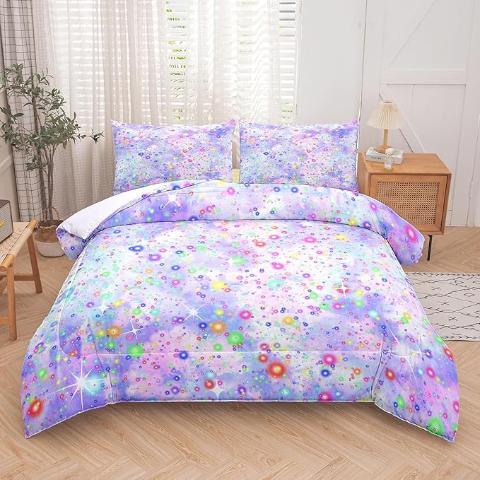 Girls Queen Comforter Set, Purple Blue Tie Dye Comforter, Colorful Glitter Comforter Set, Girls Bedding Sets for Kids Teens (3 Pieces, 1 Comforter + 2 Pillowcases) - LeafyLoom
