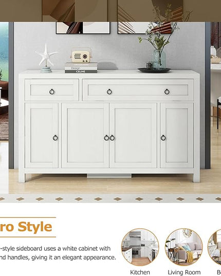 59.1" Retro Style Large Storage Space Sideboard with Flip Door and 1 Drawer,Multifunctional Buffet, w/ 4 Height-Adjustable Cabinets,for Dining, Living Room,Antique White - LeafyLoom