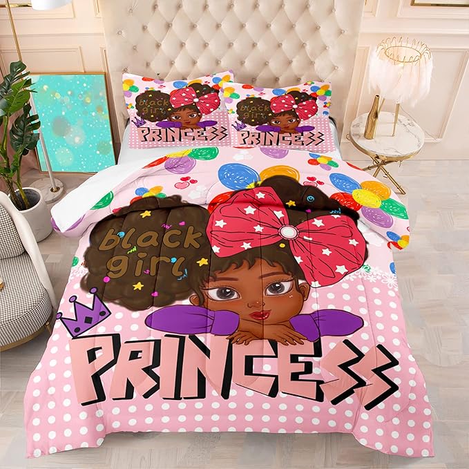 Black Girl Queen Comforter Set Black African American Girls Queen Comforter Set Princess Queen Bedding Set Room Decor Black Girl Kids Queen Bedding Sets for Girls, 1 Comforter+2 Pillowcases - LeafyLoom
