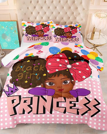 Black Girl Full Size Comforter Sets for Girls, African Black Girl Full Size Comforter Sets Girls Room Cute Full Size Comforter Set Pink Princess Full Size Bedding Set, Full (1 Comforter 2 Pillowcases) - LeafyLoom