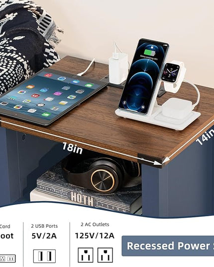 Night Stand Set of 2, 18 Inch Farmhouse Nightstand with with Charging Station and USB Port, Rustic Couch End Table with Magnetic Door, Wood Bed Side Tables for Bedroom, Home, Navy Blue - LeafyLoom