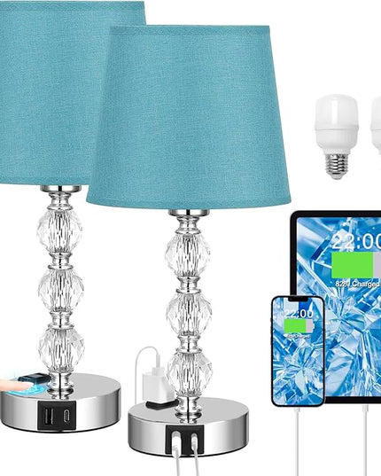 Acaxin Bedside Lamps for Bedrooms Set of 2 Nightstand- Crystal Table Lamp with USB C+A Ports & AC Outlet for Charging, 3 Way Dimmable Touch Silver Small Bed Side Table Lamp for Living Room - LeafyLoom