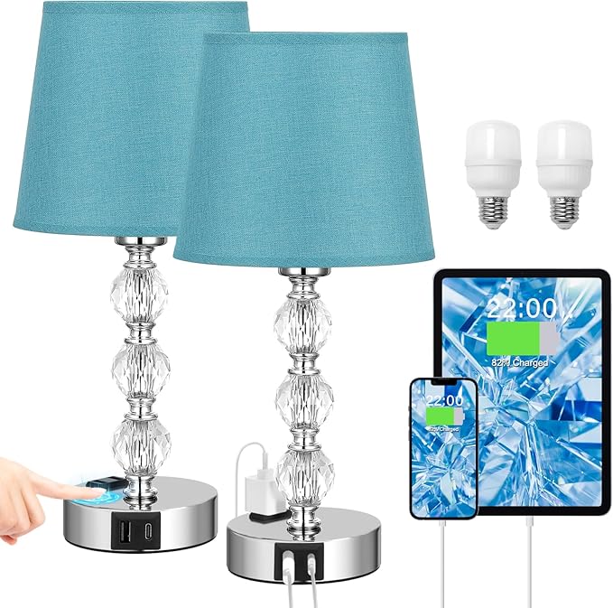 Acaxin Bedside Lamps for Bedrooms Set of 2 Nightstand- Crystal Table Lamp with USB C+A Ports & AC Outlet for Charging, 3 Way Dimmable Touch Silver Small Bed Side Table Lamp for Living Room - LeafyLoom