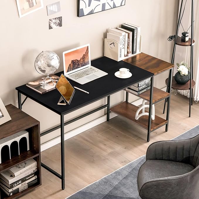 Multifunctional Computer Desk, Industrial Study Writing Desk w/Removable Storage Shelf, Heavy-Duty Metal Frame, 55 Inch Desk for Home Office, Gaming Room, Bedroom (Black) - LeafyLoom