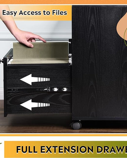 DEVAISE File Cabinet with Charging Station, 1-Drawer Lateral File Cabinets with lock for home office, Wooden Rolling Printer Stand with Shelves, Black - LeafyLoom