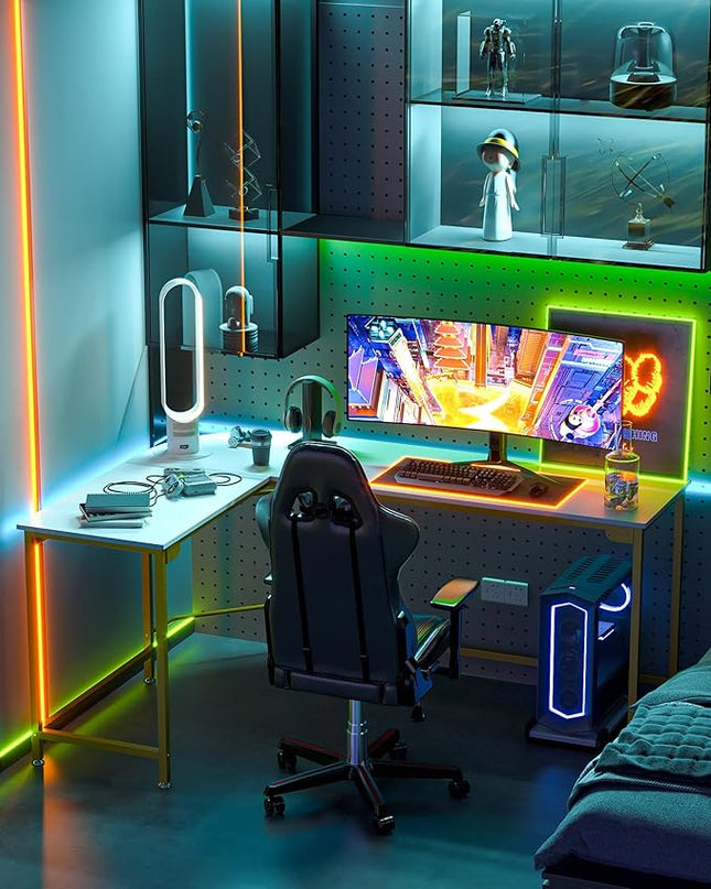 Teraves Modern L-Shaped Desk 66'' Corner Computer Desk Home Office Study Workstation Wood & Steel PC Laptop Gaming Table - LeafyLoom