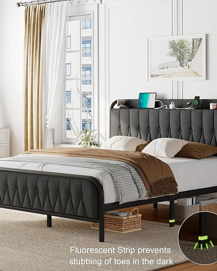 Feonase Queen Bed Frame with Type-C & USB Port, Metal Platform Beds, with Linen Upholstered Headboard & Footboard, 12" Underbed Storage Space, Easy Assembly, Noise-Free, Dark Gray - LeafyLoom