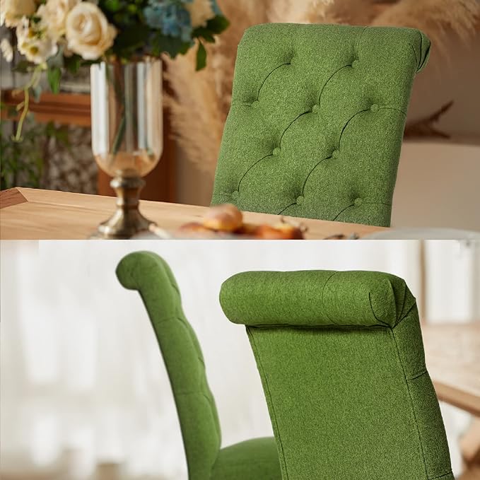 COLAMY Button Tufted Dining Chairs Set of 6, Parsons Upholstered Fabric Dining Room Chairs Kitchen Chairs with Wood Legs and Padded Seat, Green - LeafyLoom