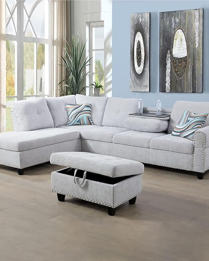 ROOMTEC L Shaped Sectional Sofa Set with Storage Ottoman, Left Facing Chaise Longue, Reversible Backrest w/ 2 Cup Holders, Flannel Tufted Cushions, for Living Room, Apartment, Grey White - LeafyLoom