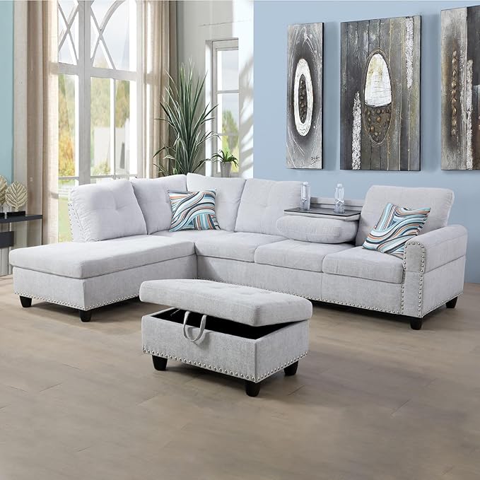 ROOMTEC L Shaped Sectional Sofa Set with Storage Ottoman, Left Facing Chaise Longue, Reversible Backrest w/ 2 Cup Holders, Flannel Tufted Cushions, for Living Room, Apartment, Grey White - LeafyLoom