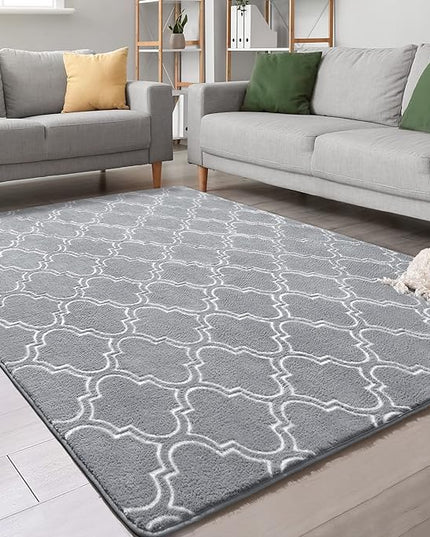Chicrug Shag Geometric Modern Area Rug for Bedroom, 6x9 Feet Memory Foam Indoor Carpet, Fluffy Rug for Living room Bedside Room Decor for Family Girls Kids Nursery Play Mat, Grey/White - LeafyLoom