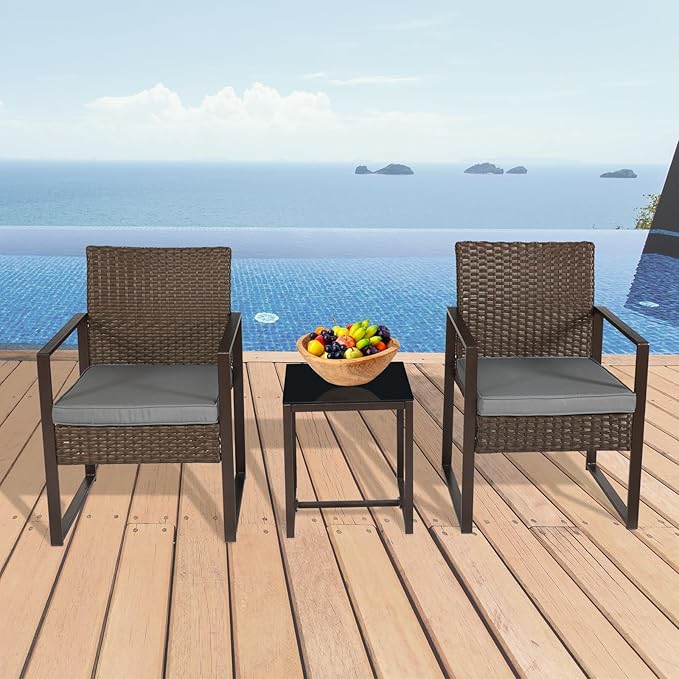 3 Pieces Patio Furniture Set Outdoor Wicker Bistro set Rattan Chair Conversation Sets with Coffee Table for Porch, Balcony,Garden,Backyard and Removable Cushions Grey - LeafyLoom