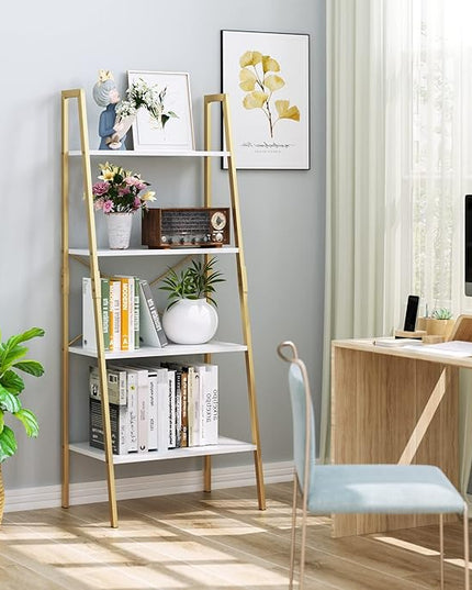 finetones Bookshelf 4 Tier, Wood Bookcase with Metal Frame, Open Display Storage Ladder Shelf, Plant Flower Stand Storage Rack for Home Office White/Gold - LeafyLoom