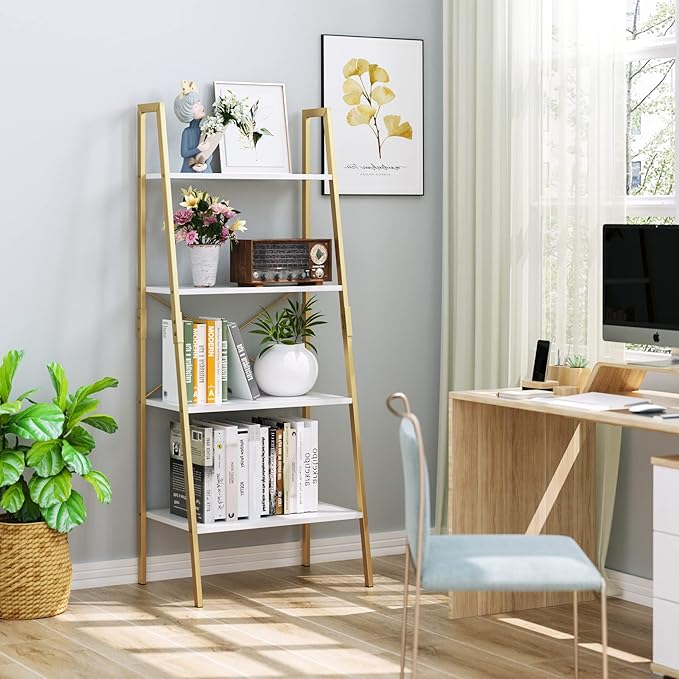 finetones Bookshelf 4 Tier, Wood Bookcase with Metal Frame, Open Display Storage Ladder Shelf, Plant Flower Stand Storage Rack for Home Office White/Gold - LeafyLoom