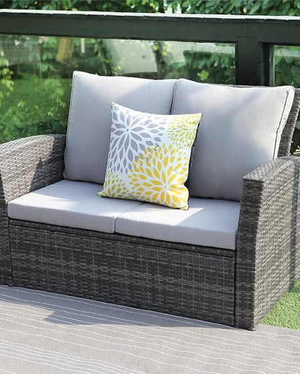 4 Piece Patio Furniture Sets, All-Weather Wicker Conversation Sets, Outdoor Rattan Sectional Sofa Chair with Cushions and Coffee Table for balcony, garden, backyard, Grey - LeafyLoom