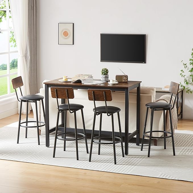 NicBex Dining Room Table Set for 4 Corner Dining Table Set Bar Table Set with 4 Bar Stools PU Soft Seat with Backrest Set for Kitchen, Dining Room, Dinette, Thicken Steel Frame, Rustic Brown - LeafyLoom