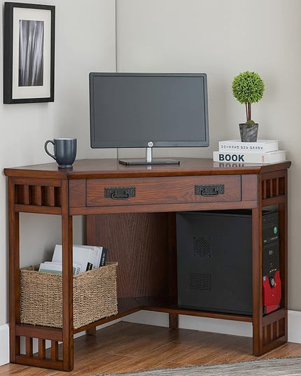 Leick Home 82430 Mission Corner Desk, Writing Computer Desk with Drop Front Keyboard Drawer, for Home Office, Solid Wood, Mission Oak - LeafyLoom