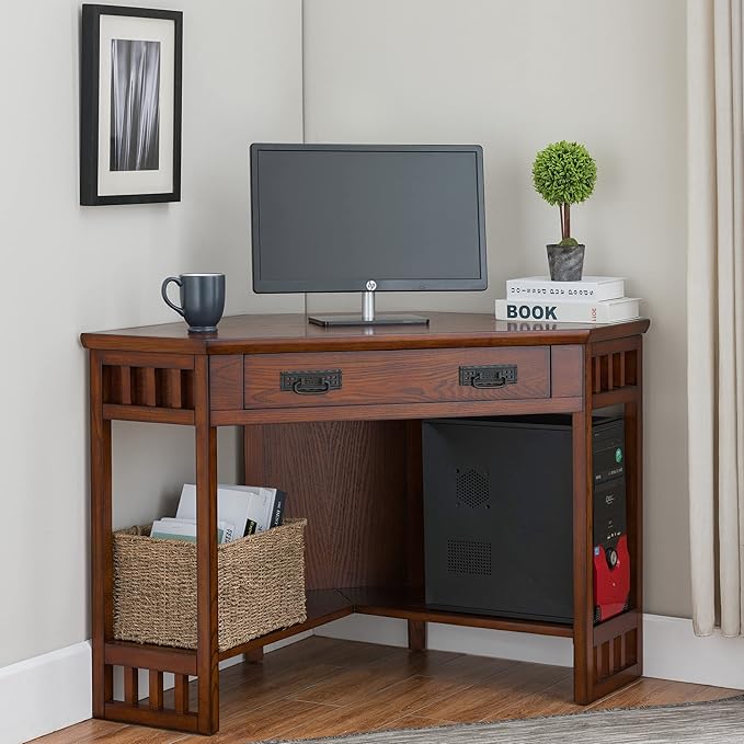 Leick Home 82430 Mission Corner Desk, Writing Computer Desk with Drop Front Keyboard Drawer, for Home Office, Solid Wood, Mission Oak - LeafyLoom