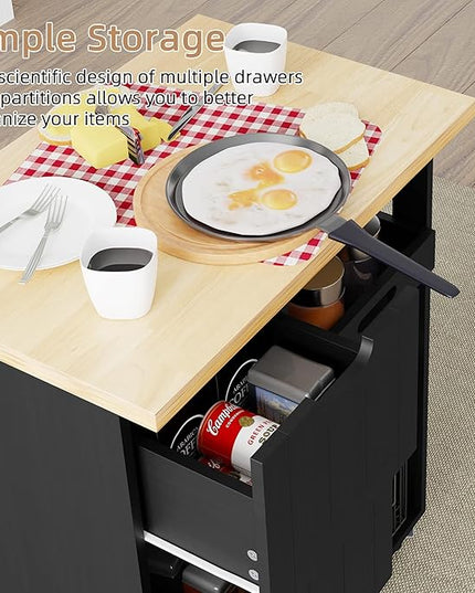 Shintenchi Kitchen Island Cart with Storage,Rolling Kitchen Island Storage Cabinet,Side Table on Wheels with Worktop,3 Open Shelves and 3 Drawers for Kitchen,Dinning Room, Black - LeafyLoom