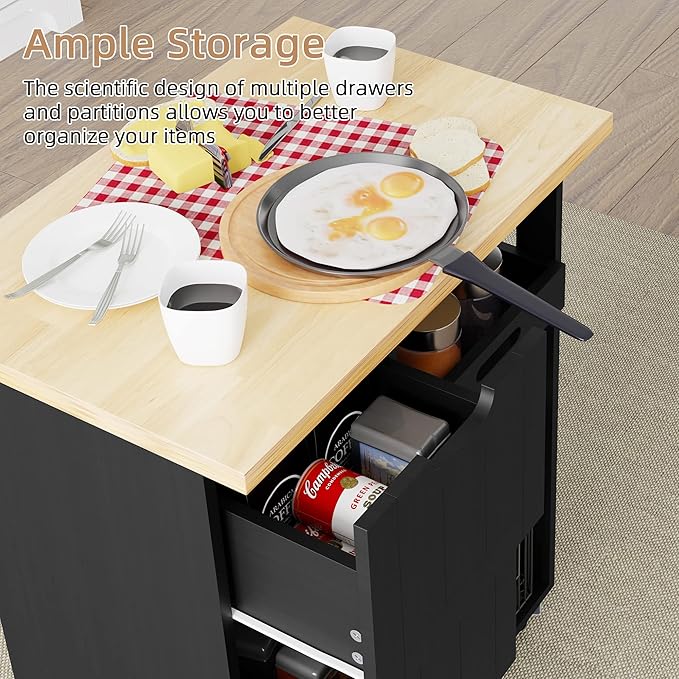 Shintenchi Kitchen Island Cart with Storage,Rolling Kitchen Island Storage Cabinet,Side Table on Wheels with Worktop,3 Open Shelves and 3 Drawers for Kitchen,Dinning Room, Black - LeafyLoom
