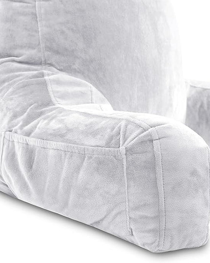 Husband Pillow XXL Light Grey Backrest with Arms - Adult Reading Pillow Shredded Memory Foam, Ultra-Comfy Removable Microplush Cover & Detachable Neck Roll, Unmatched Support Sit Up Bed Rest Chair - LeafyLoom