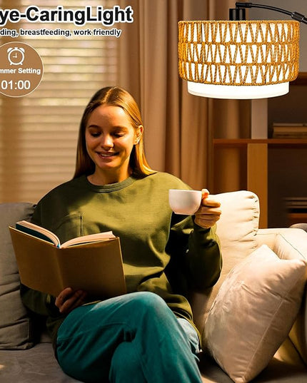Arc Floor Lamp for Living Room with 3 Color Temperatures, Farmhouse Standing Lamps with Remote & Dimmable Bulb, Rattan Boho Floor Lamp with Fabric Shades, Adjustable Tall Lamp for Bedroom Office - LeafyLoom