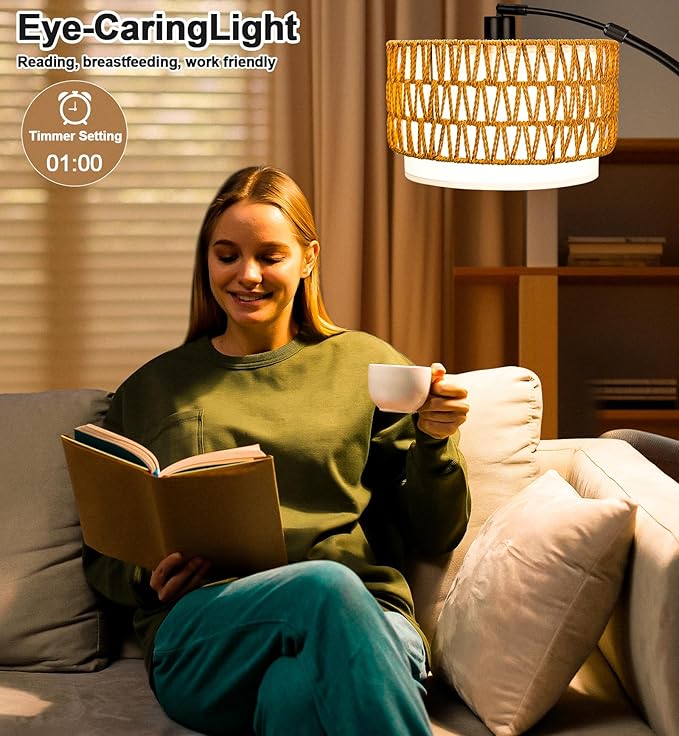 Arc Floor Lamp for Living Room with 3 Color Temperatures, Farmhouse Standing Lamps with Remote & Dimmable Bulb, Rattan Boho Floor Lamp with Fabric Shades, Adjustable Tall Lamp for Bedroom Office - LeafyLoom