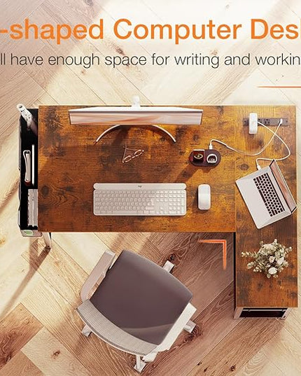 ODK 40 Inch Small L Shaped Gaming Computer Desk with Power Outlets, Reversible Storage Shelves & PC Stand, Modern Simple Writing Study Table with Storage Bag for Small Space, Vintage - LeafyLoom