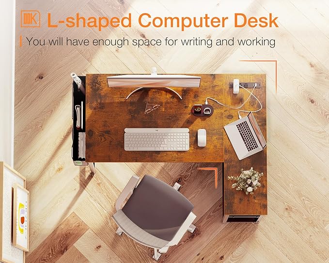 ODK 40 Inch Small L Shaped Gaming Computer Desk with Power Outlets, Reversible Storage Shelves & PC Stand, Modern Simple Writing Study Table with Storage Bag for Small Space, Vintage - LeafyLoom