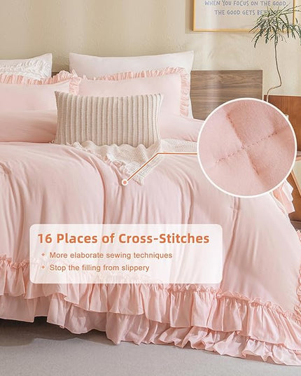 Shabby Ruffled King Comforter Set,Farmhouse Blush Pink Bedding Comforter Lightweight Ultra Soft Vintage French Country Microfiber Comforter 3pc (1 Ruffle Comforter and 2 Pillowcases) - LeafyLoom