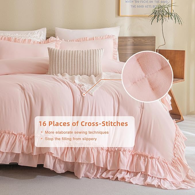 Shabby Ruffled King Comforter Set,Farmhouse Blush Pink Bedding Comforter Lightweight Ultra Soft Vintage French Country Microfiber Comforter 3pc (1 Ruffle Comforter and 2 Pillowcases) - LeafyLoom