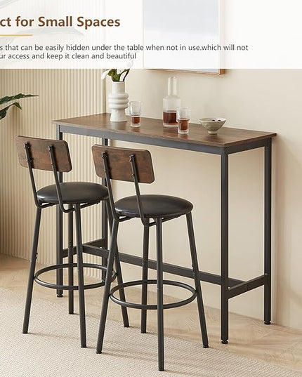 Bar Table and 2 Chairs Set, Industrial Style Bar Stools PU Upholstery Seat with Backrest, 3 Pieces Pub Dining Table Set for Kitchen, Apartment, Small Space, Brown - LeafyLoom
