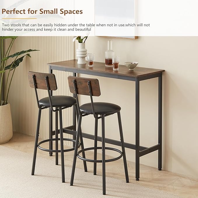 Bar Table and 2 Chairs Set, Industrial Style Bar Stools PU Upholstery Seat with Backrest, 3 Pieces Pub Dining Table Set for Kitchen, Apartment, Small Space, Brown - LeafyLoom