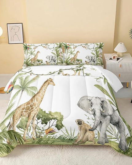 Elephant Giraffe Monkeys Comforter King Size,Wild Animals Kids Comforter Set,3Pcs Bedding Set Printed Comforter with 2 Pillowcases,Down Alternative,Soft and Lightweight,for All Seasons - LeafyLoom