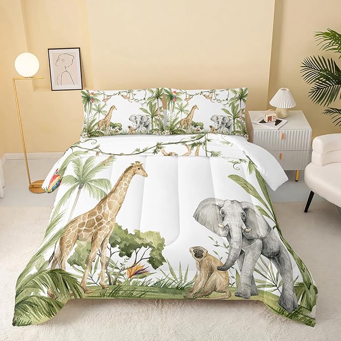 Elephant Giraffe Monkeys Comforter King Size,Wild Animals Kids Comforter Set,3Pcs Bedding Set Printed Comforter with 2 Pillowcases,Down Alternative,Soft and Lightweight,for All Seasons - LeafyLoom