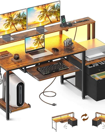 AODK 55 Inch Computer Desk with Power Outlets and LED Light, Reversible Office Desk with File Cabinet & Drawer, Gaming Desk with Keyboard Tray and Full Monitor Riser and PC Stand, Study Table, Vintage - LeafyLoom