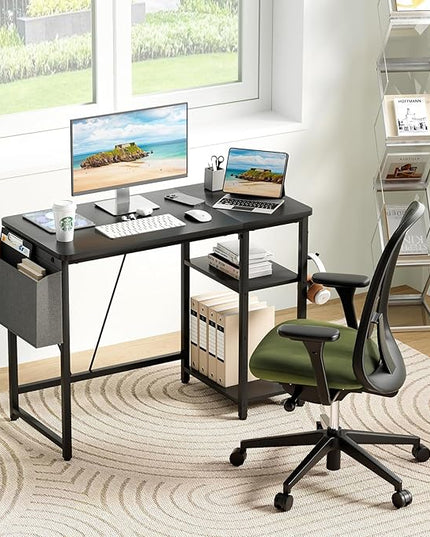 Computer Desk, 39.3” Home Office Desks, Modern Small Desk for Bedroom, Gaming Desk with Iron Hook and Height Adjustable Feet, Sturdy Student Writing Desk with Storage Bag, Storage Shelves - LeafyLoom