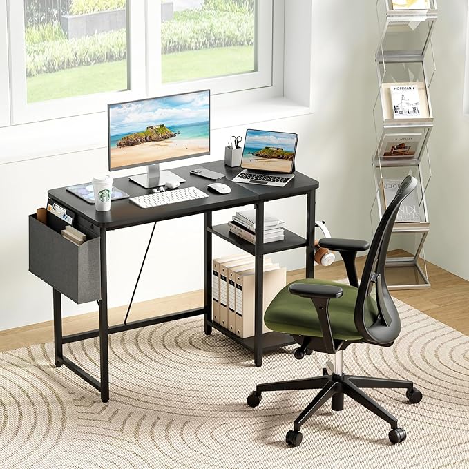 Computer Desk, 39.3” Home Office Desks, Modern Small Desk for Bedroom, Gaming Desk with Iron Hook and Height Adjustable Feet, Sturdy Student Writing Desk with Storage Bag, Storage Shelves - LeafyLoom