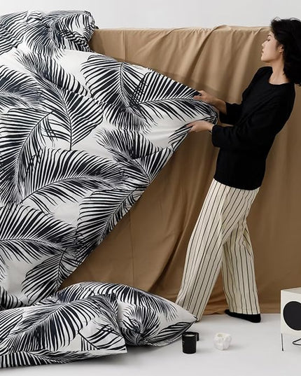 Black Leaves Comforter Cal King Black and White Palm Leaf Printed Comforter Set Modern Boho Black Tropical Botanical Leaves Bed Quilt Women Men Soft Floral Palm Black California King Comforter - LeafyLoom