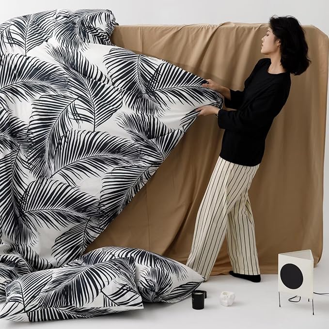 Black Leaves Comforter Cal King Black and White Palm Leaf Printed Comforter Set Modern Boho Black Tropical Botanical Leaves Bed Quilt Women Men Soft Floral Palm Black California King Comforter - LeafyLoom