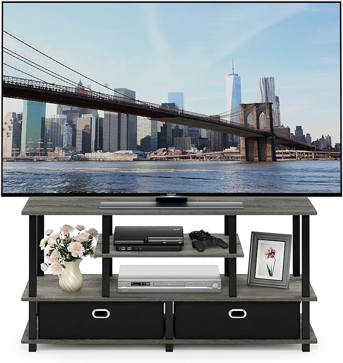 Furinno JAYA Large Stand for up to 55-Inch TV, French Oak, 47. 63(W) x 15. 55(H) x 22. 79(D) Inches., Grey/Black - LeafyLoom